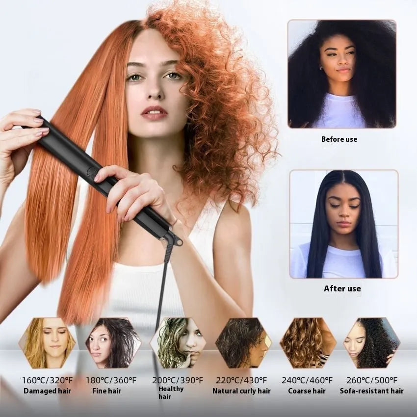 Hair straightener with digital temperature display showing 207°C setting and negative ion technology