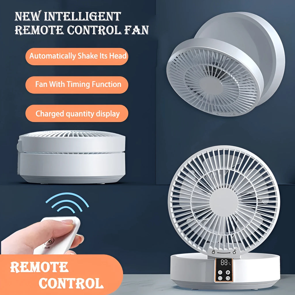 White portable folding fan with remote control on wooden desktop next to USB charging cable