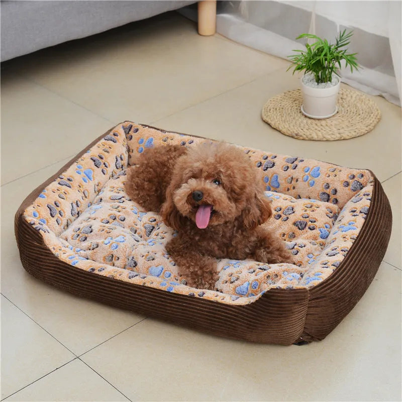 Beige sofa kennel-style dog bed with soft plush fabric and raised foam sides for a small pet.
