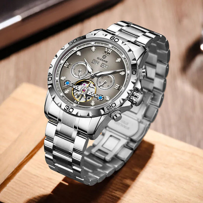 Men's automatic mechanical watch with stainless steel strap and metal case in business style