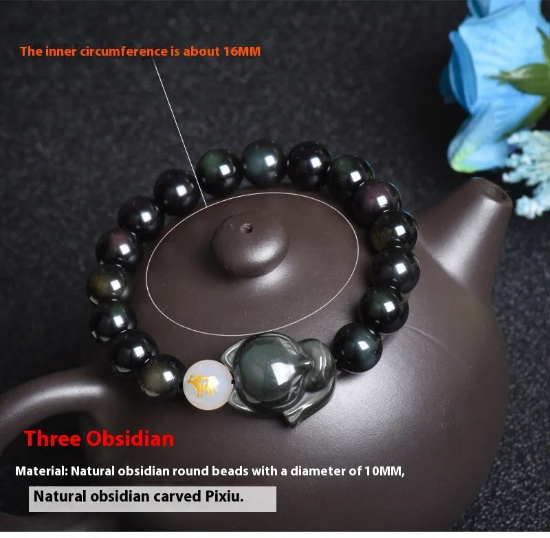 Natural obsidian zodiac guardian bracelet with 10mm beads in three style options