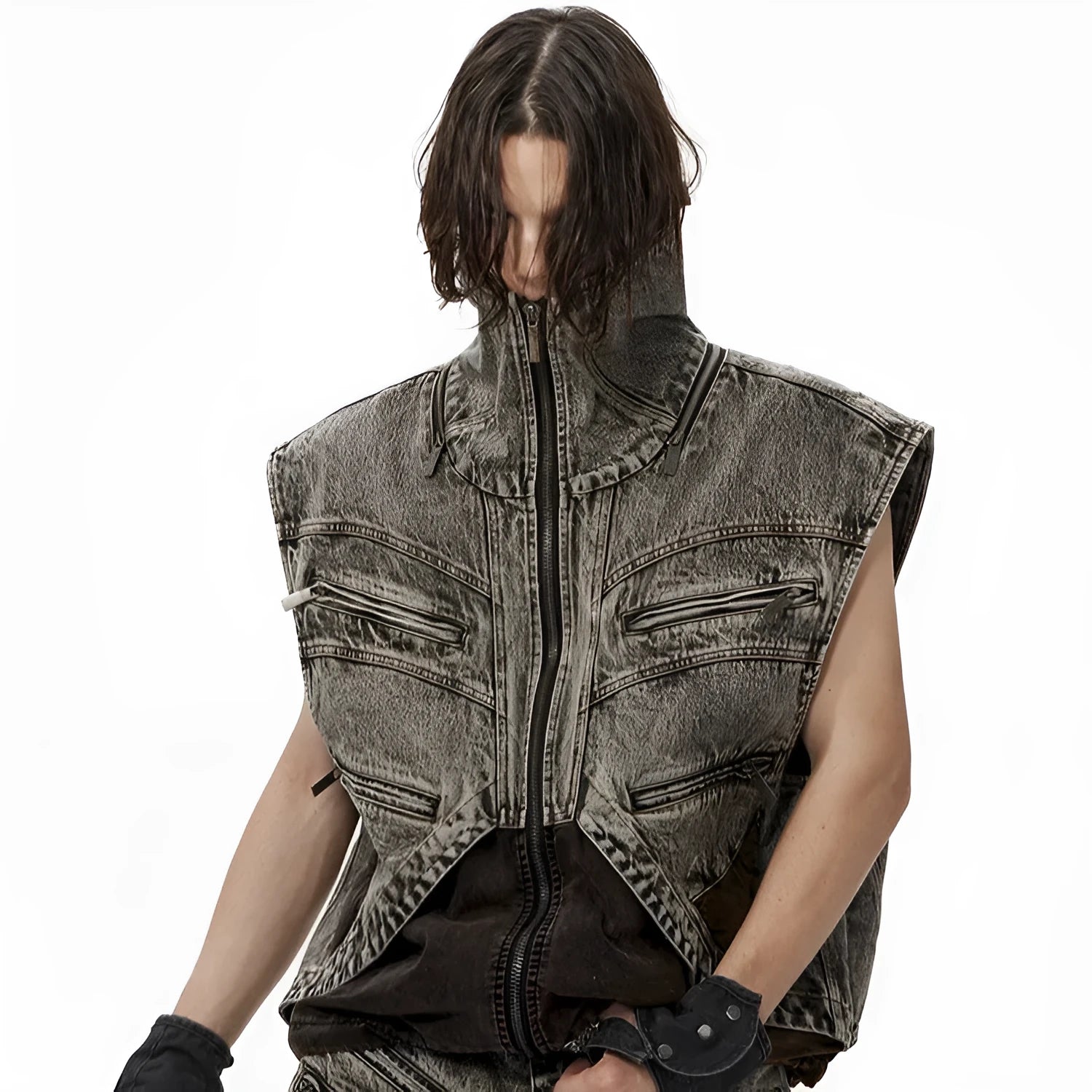 Men's sleeveless denim vest with front zipper in cotton fabric for summer casual wear