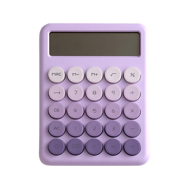 Dopamine gradient colour desktop calculator in violet, pink, blue, or green on a desk.