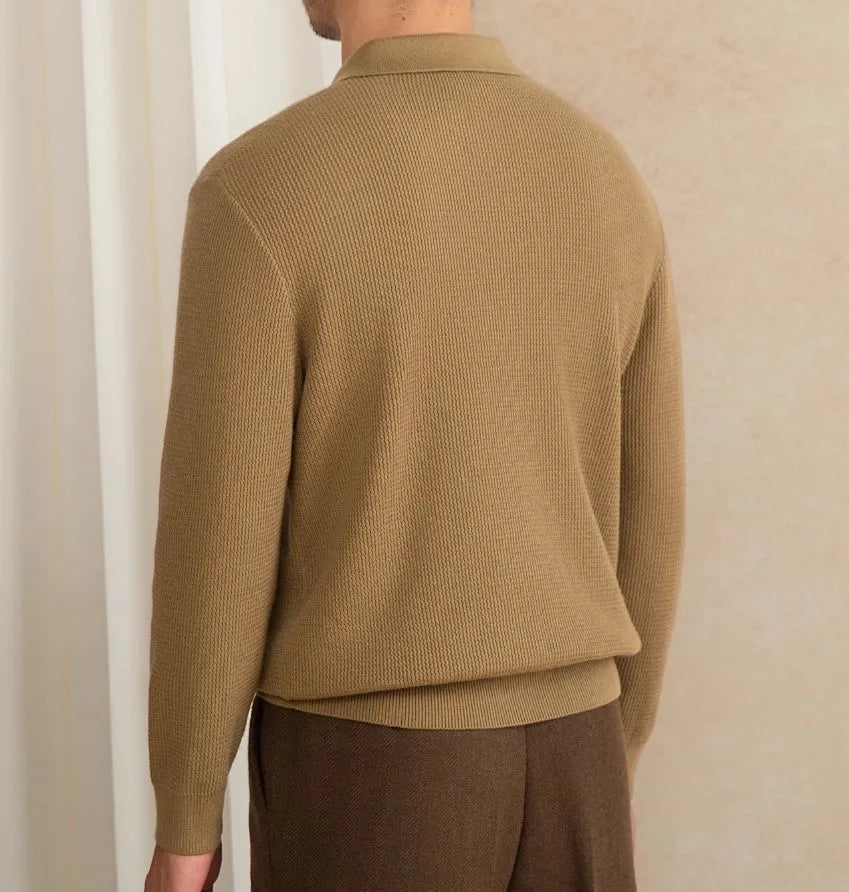 Wool blended slim-fit long-sleeved pullover sweater in Cocoon Brown on a model