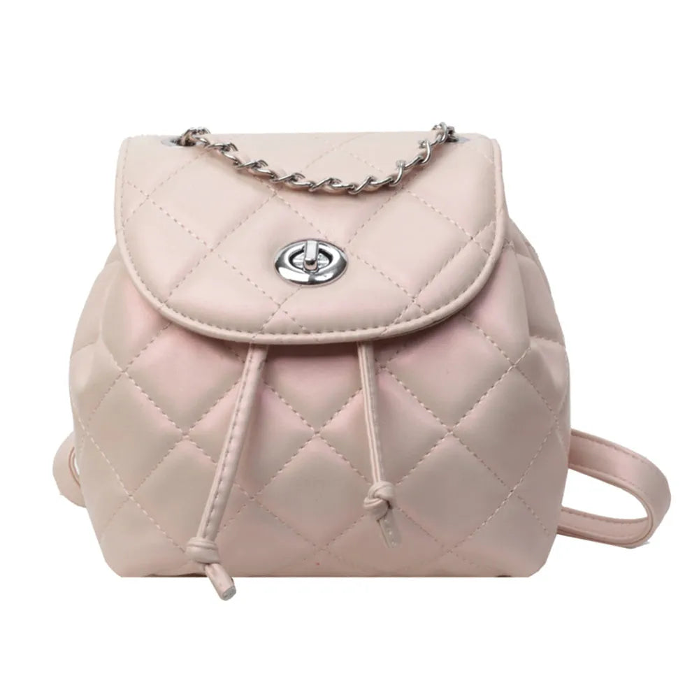 Women's rhombus plaid pattern backpack in PU material, shown in multiple colours.