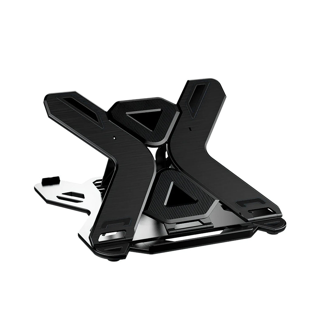 Black ABS plastic laptop stand with a built-in strap phone holder on a wooden desk