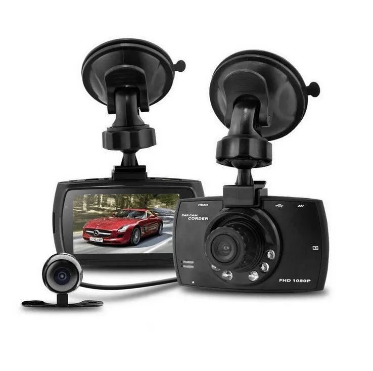 G30 HD dual camera car DVR recorder mounted on a car windscreen with front and rear camera views displayed