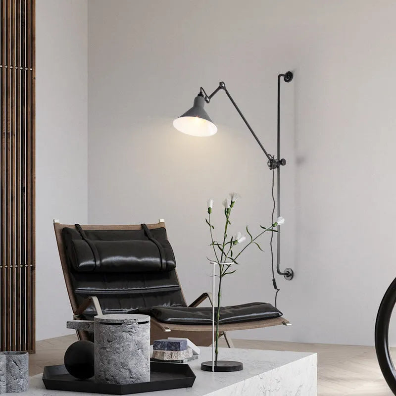 Nordic style rotating rocker arm wall lamp with black iron lampshade and warm bulb