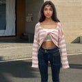 Women's striped long sleeve sweater in mercerised cotton with front and back wearable design