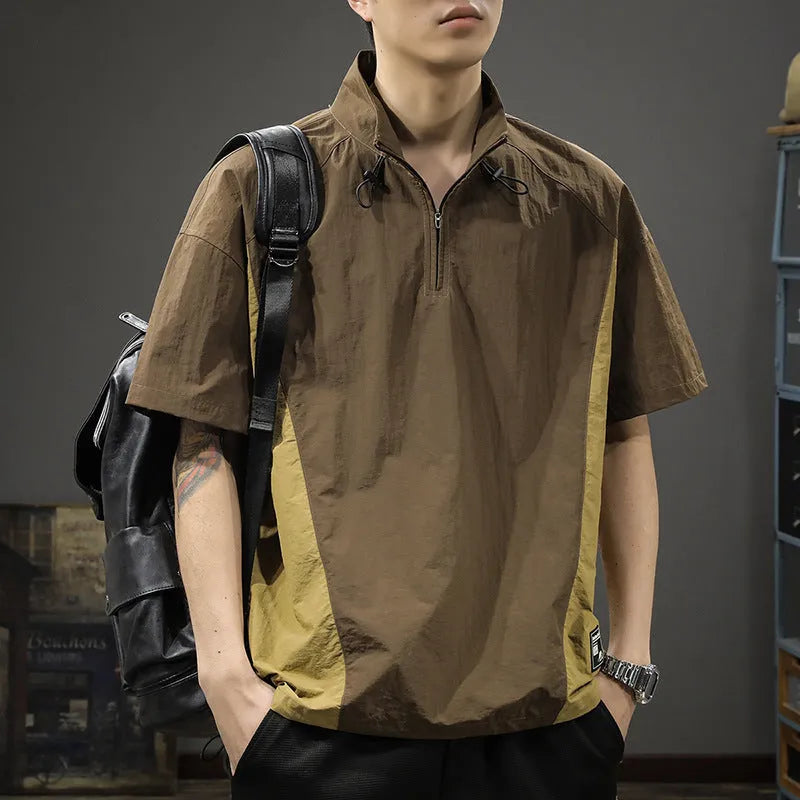 Men's brown half-zip stand collar business casual shirt with short sleeves