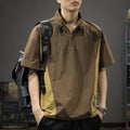 Men's brown half-zip stand collar business casual shirt with short sleeves