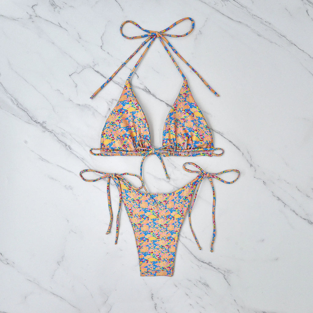 Women's lace-up bikini swimsuit with European split style and backless design in polyester fabric