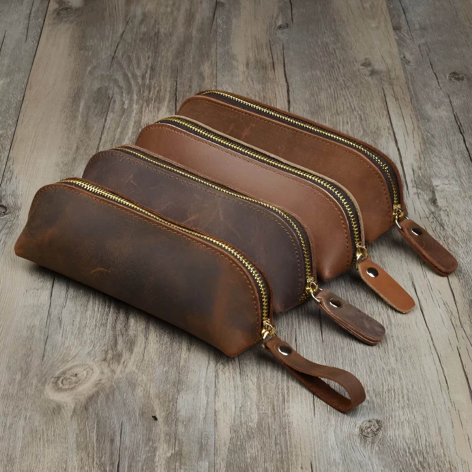 Genuine leather handmade pencil case with zipper in four colour options