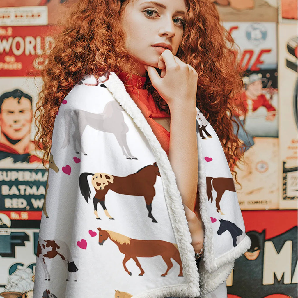 White Sherpa fleece throw blanket with red heart and horse motif, 130x150cm or 150x200cm size for sofa or camping