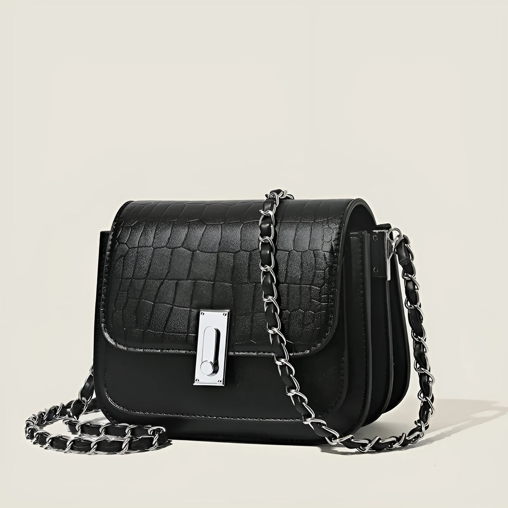 Women's soft PU chain shoulder bag in horizontal square shape with interior mobile phone pocket