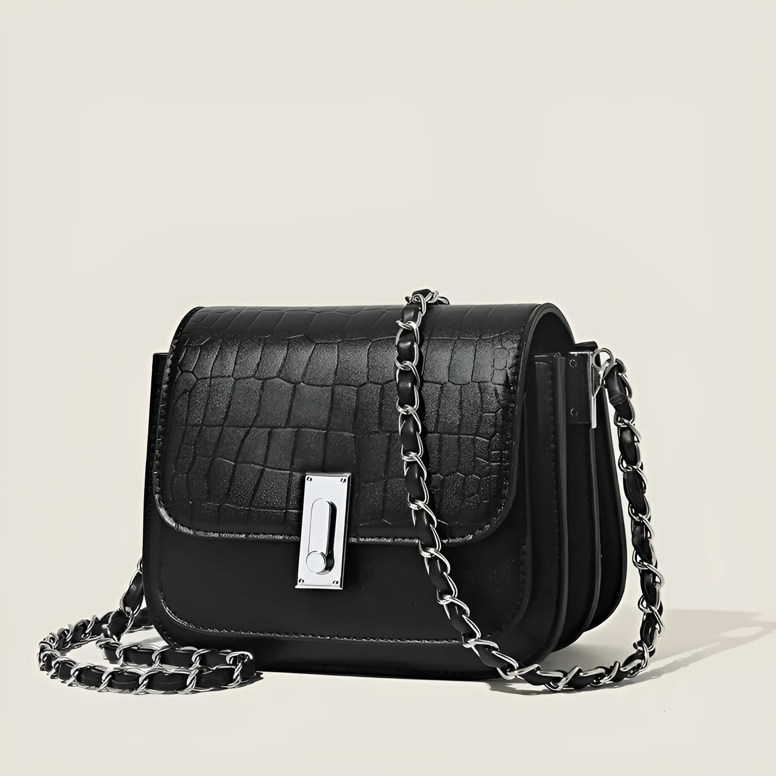 Women's soft PU chain shoulder bag in horizontal square shape with interior mobile phone pocket