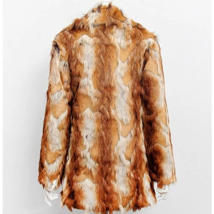 Women's tiger print faux fur jacket with regular long sleeves and medium 65cm length