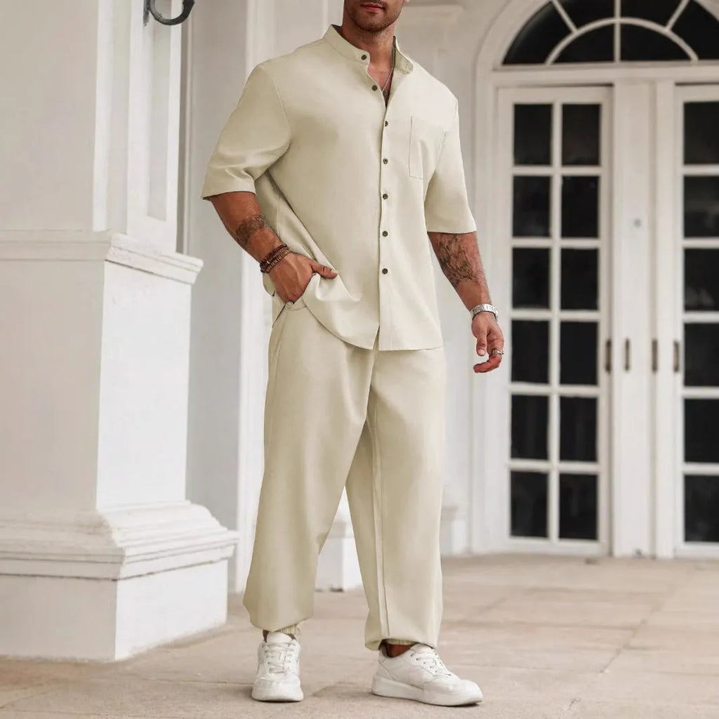 Men's cotton linen casual short-sleeved shirt and trousers set in apricot, black, or grey colours