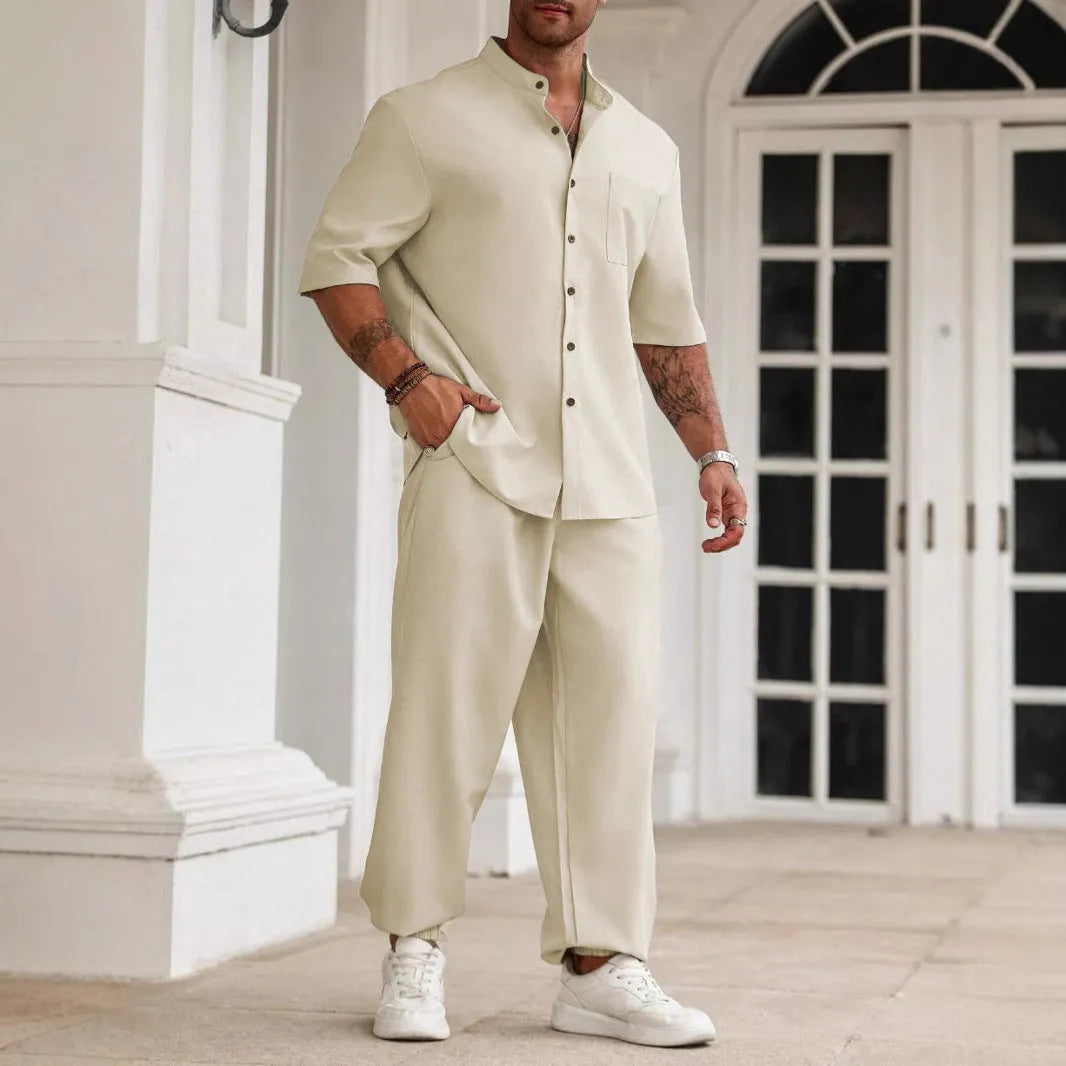 Men's cotton linen casual short-sleeved shirt and trousers set in apricot, black, or grey colours