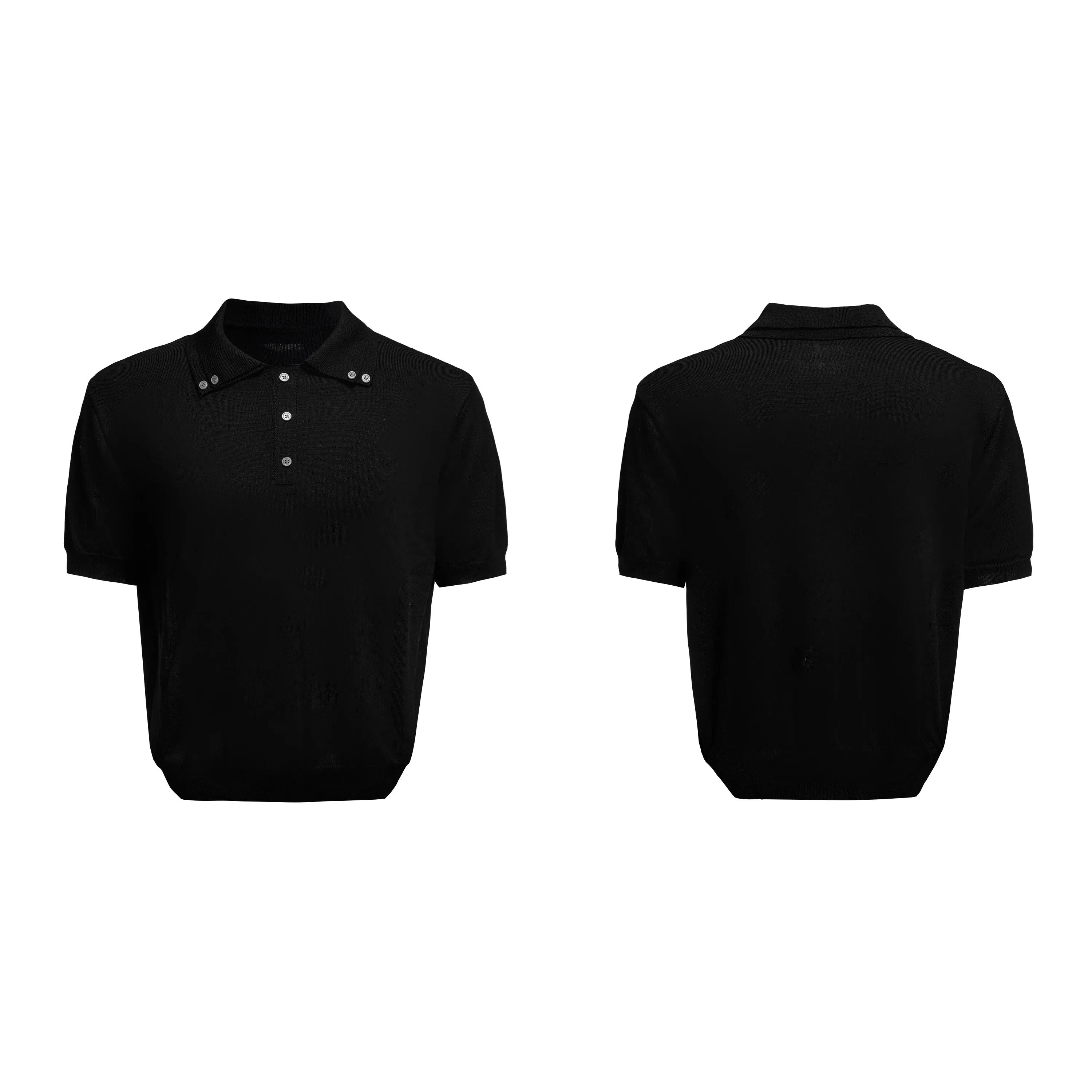 Men's slim fit knit short sleeve shirt with double collar design in black colour