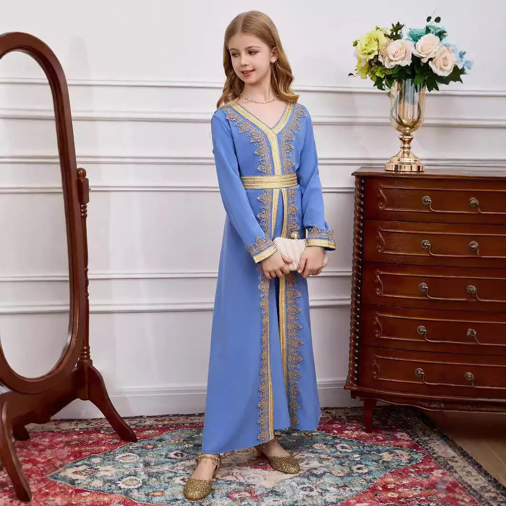 Children's girls lace v-neck dress in ice blue, Dubai style, polyester fabric suitable height 4Y-12Y