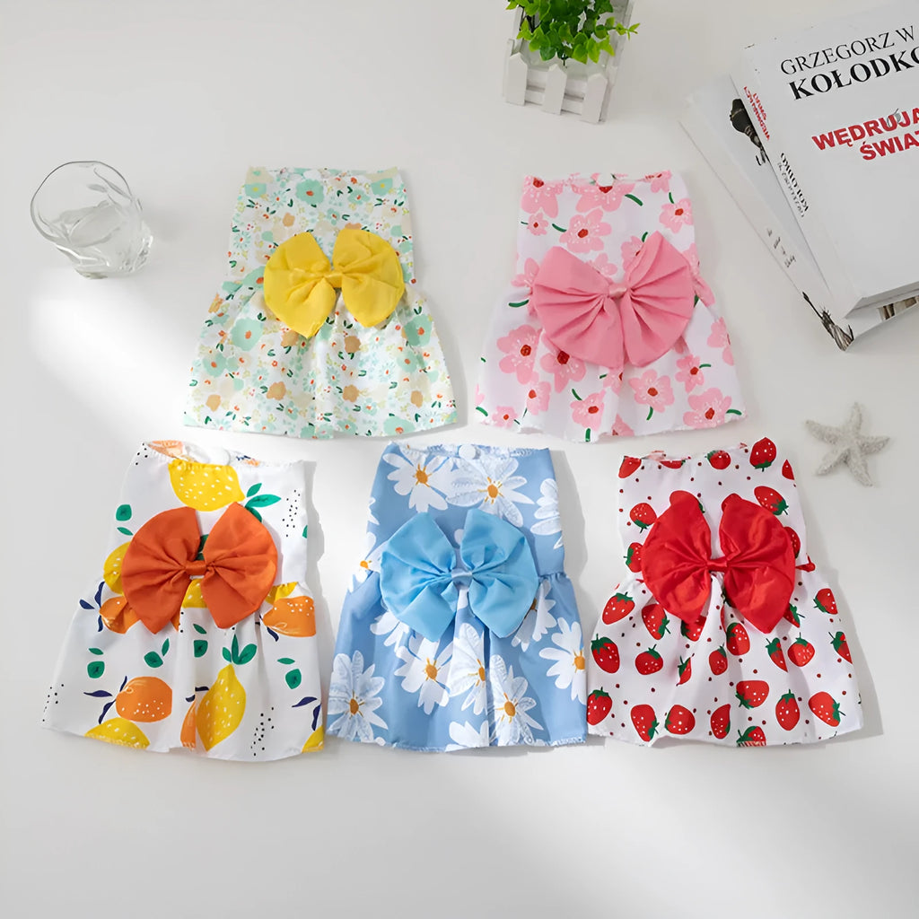 Ultra-thin polyester pet dress with floral butterfly knot and bow decoration for dogs and cats