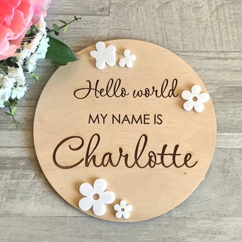 Square wooden newborn name label with birth information display, 15x15 cm plywood construction