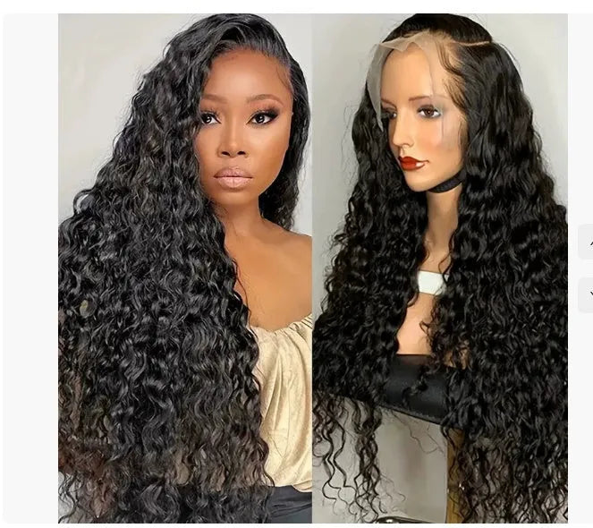 Curly human hair lace front wig on a stand showing long length and natural wave pattern