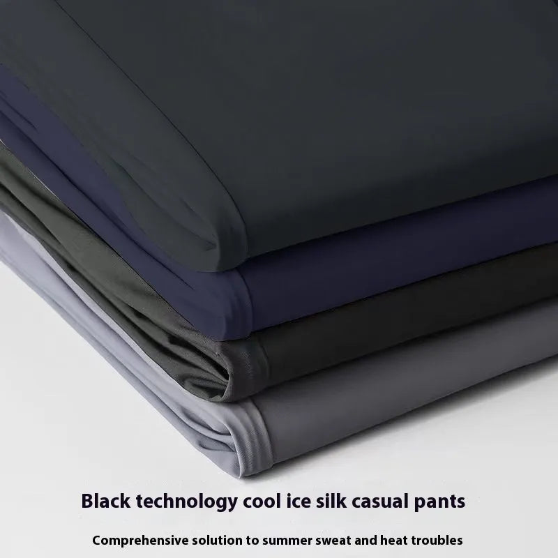 Men's ice silk leisure trousers in loose straight cut with elastic waistband in black colour