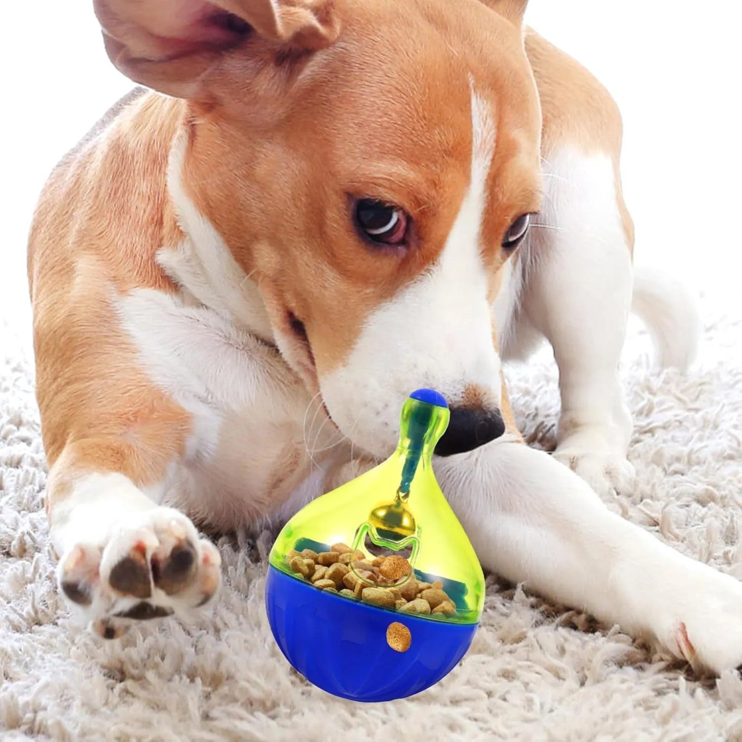 White tumbler-shaped pet treat dispenser toy measuring 14cm for dogs and cats