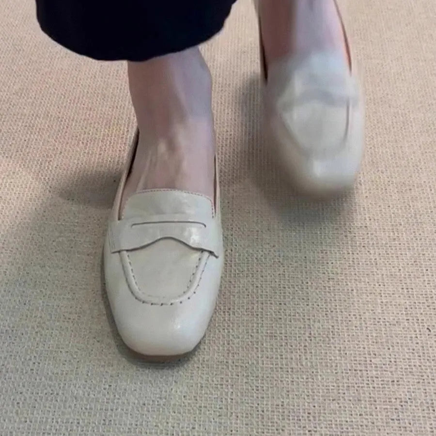 Women's flat square toe leather shoes in Beige White with low heel and cowhide lining on a plain background