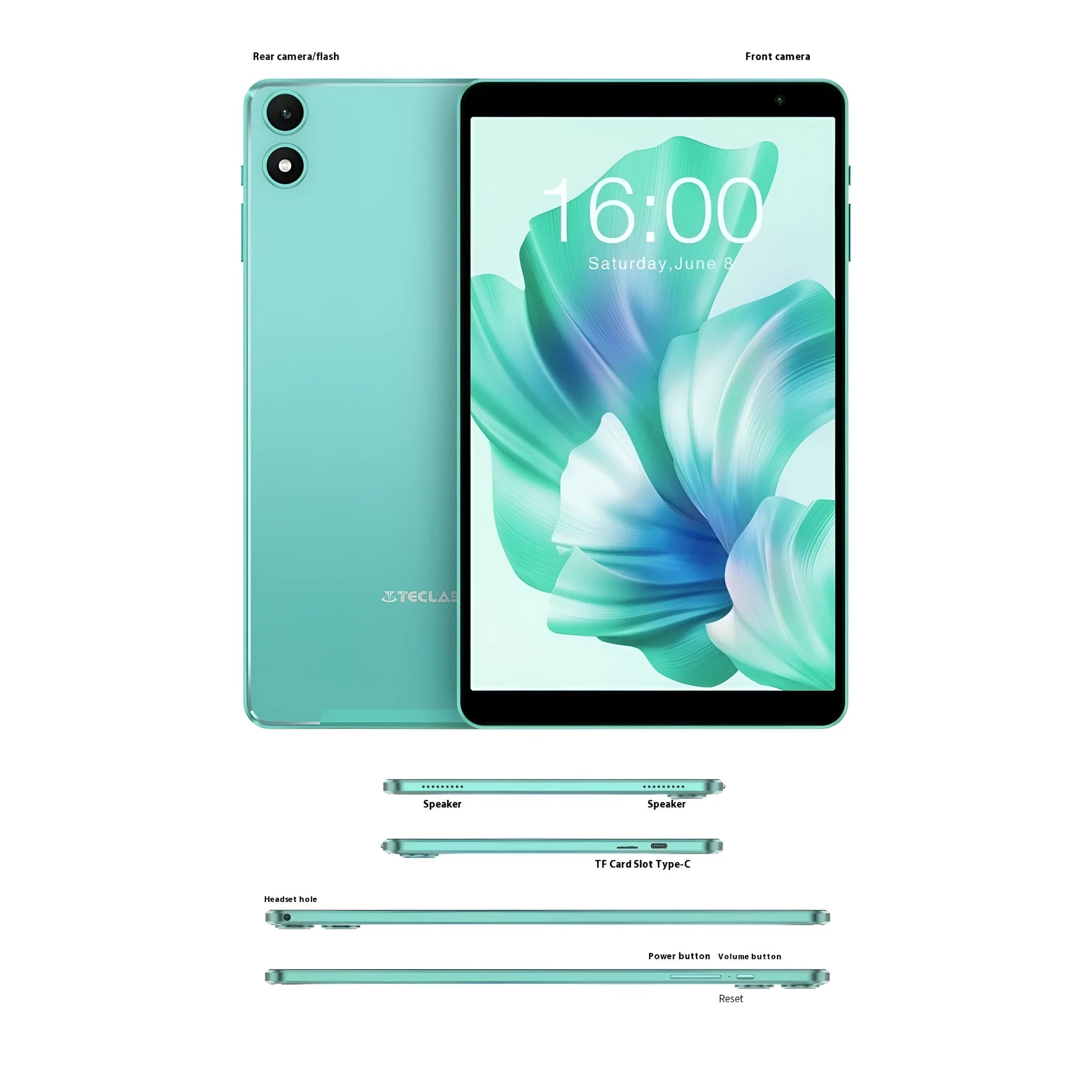 Android 13 tablet 8-inch HD screen green front view with dual camera