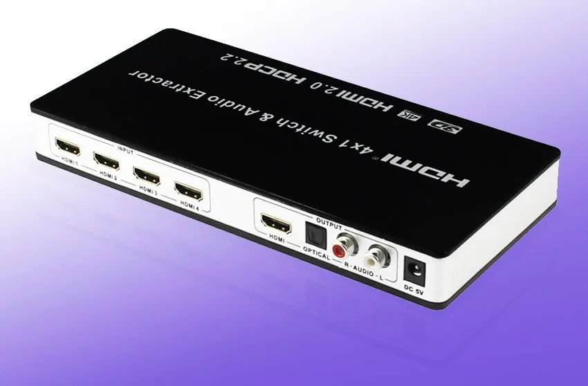 Black HDMI switch with four inputs one output, remote control and 10 metre cable for multi-source connectivity