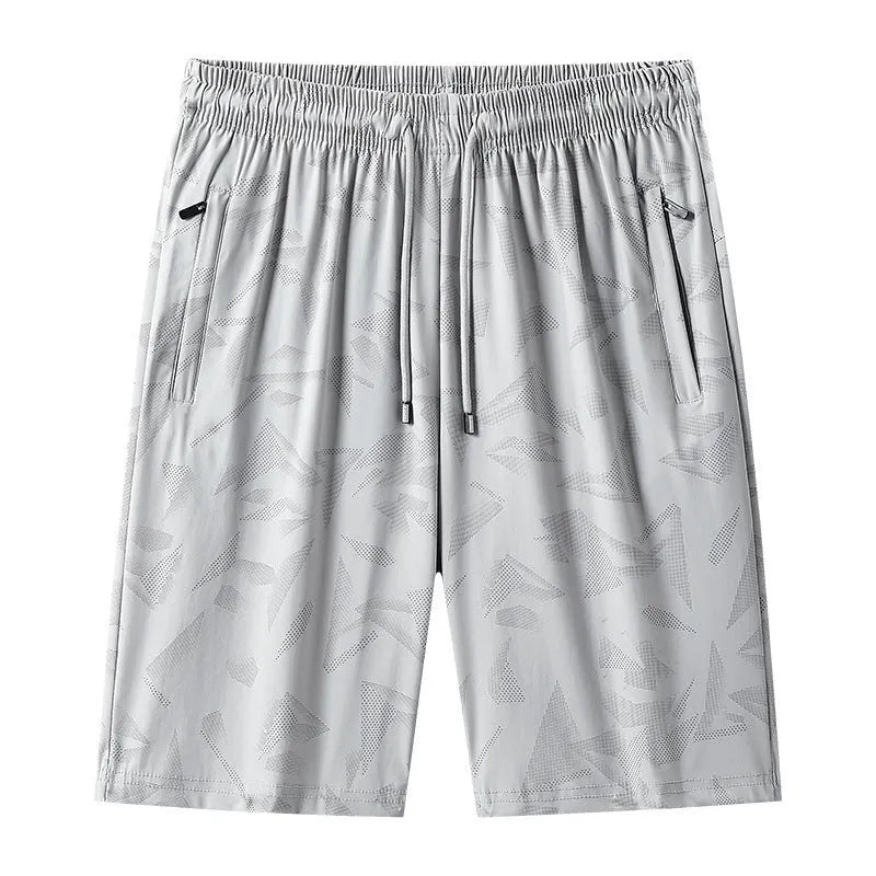 Men's camouflage pattern nylon exercise shorts with knee-length cut and elastic waistband