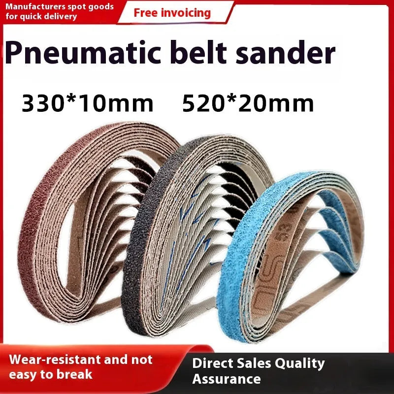 Small pneumatic belt sander 10x330mm for metal polishing with roll ring and alumina abrasive belt
