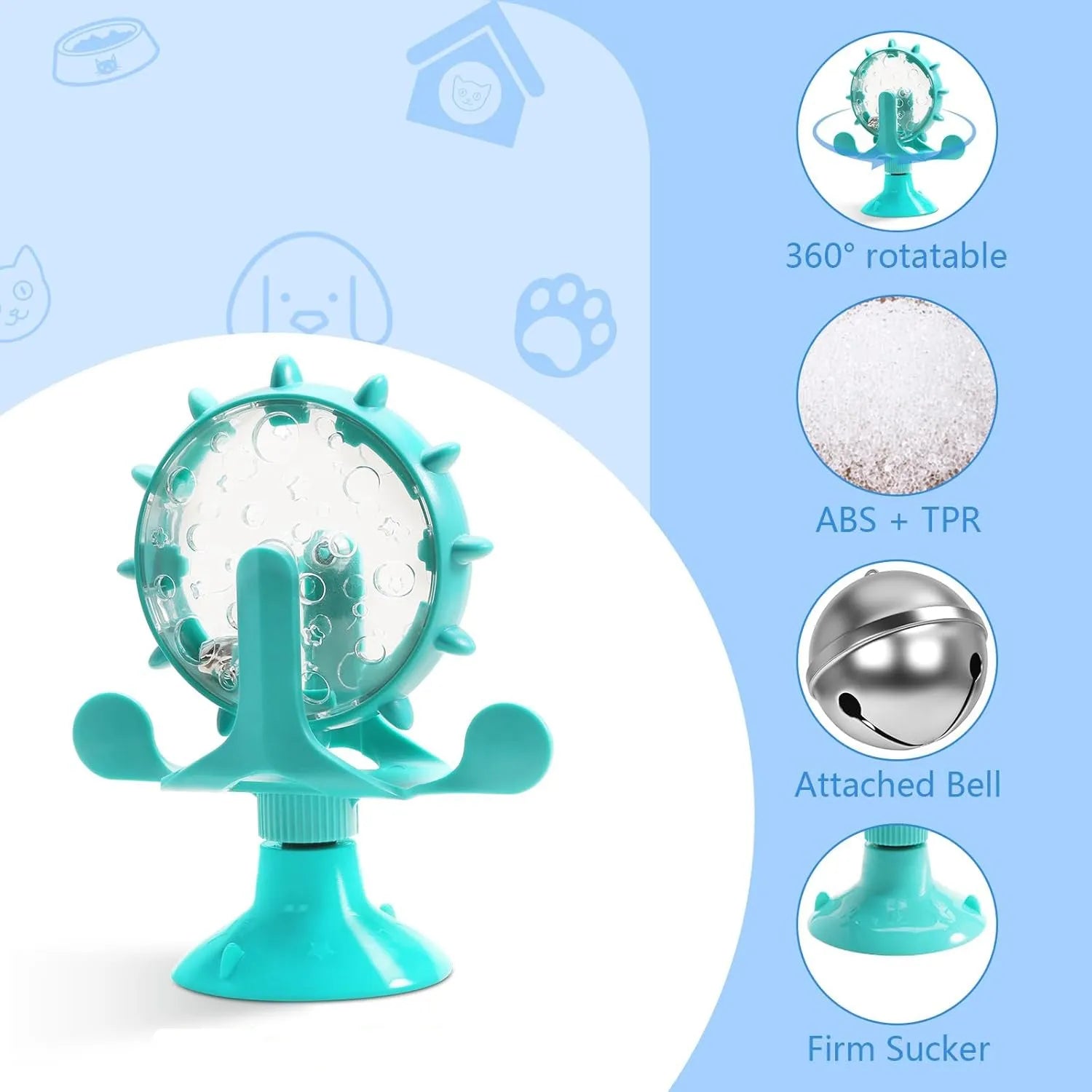 Interactive cat and dog puzzle feeder toy with bell spinner in blue green red yellow colours