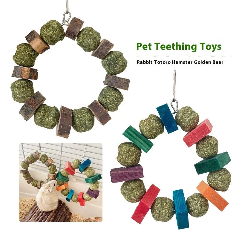 Hamster chew toy with applewood chewing surface and decorative straw ball ring