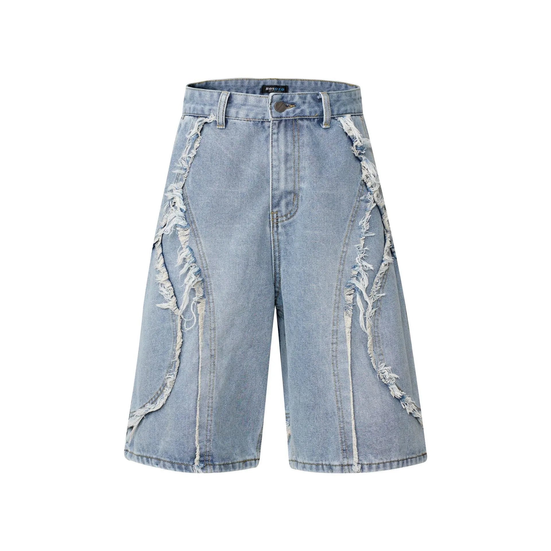 Distressed raw edge denim shorts in black, dark blue, and light blue colours