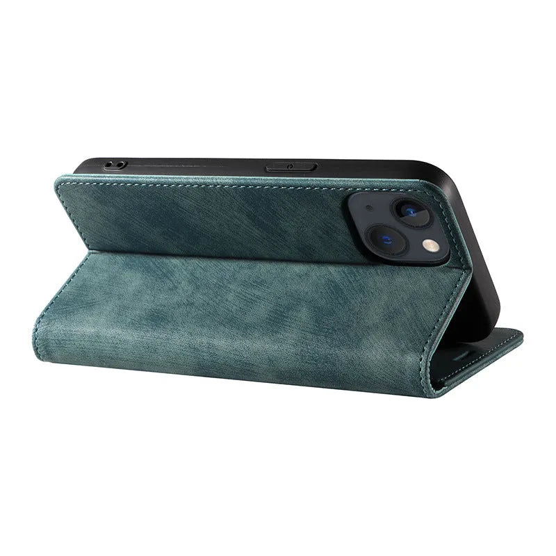 Magnetic flip phone case for iPhone in black, showing TPU frame and leather cover.