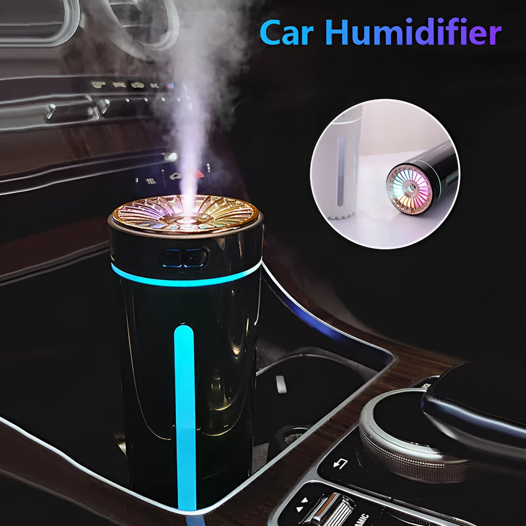Wireless car humidifier with colourful LED lights and USB charging cable