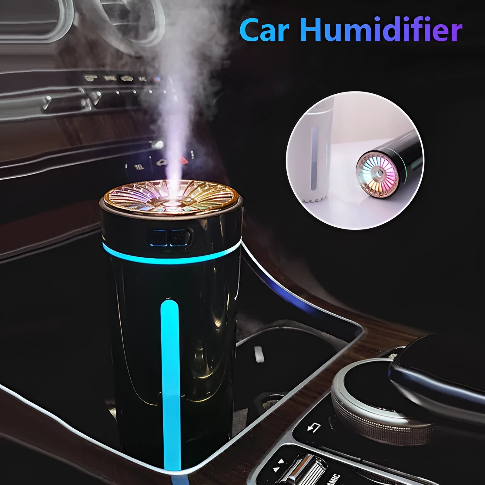 Wireless car humidifier with colourful LED lights and USB charging cable