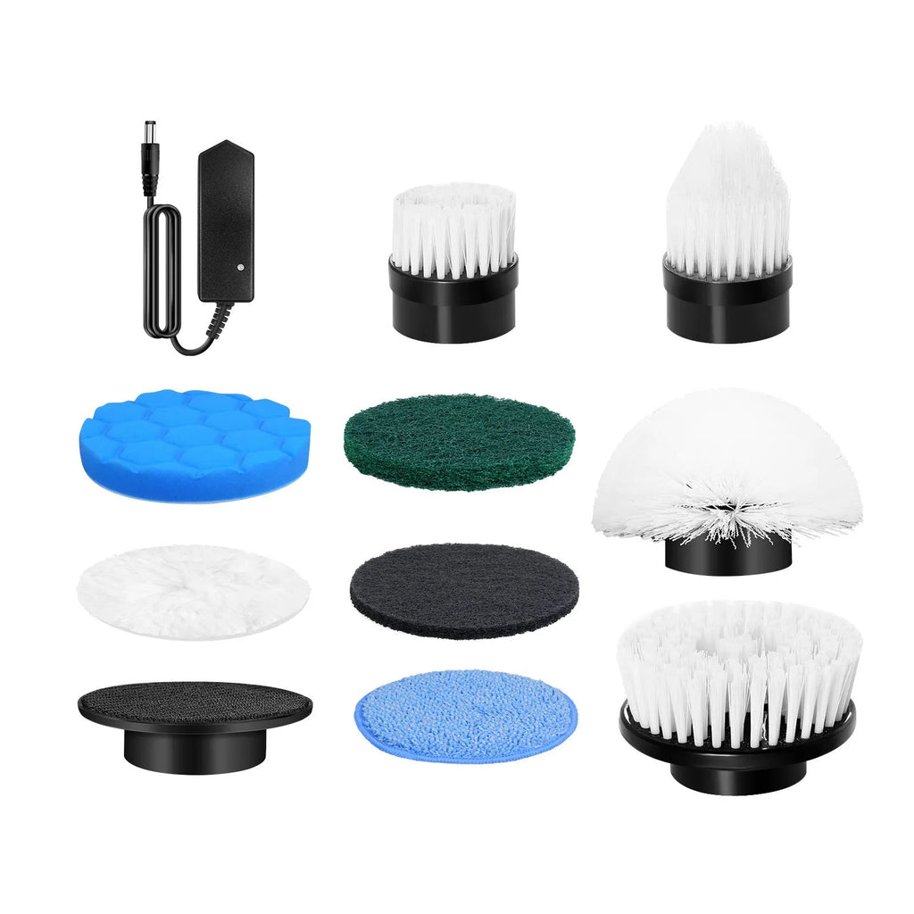 White handheld rechargeable cleaning ball with brush and international power adapters.