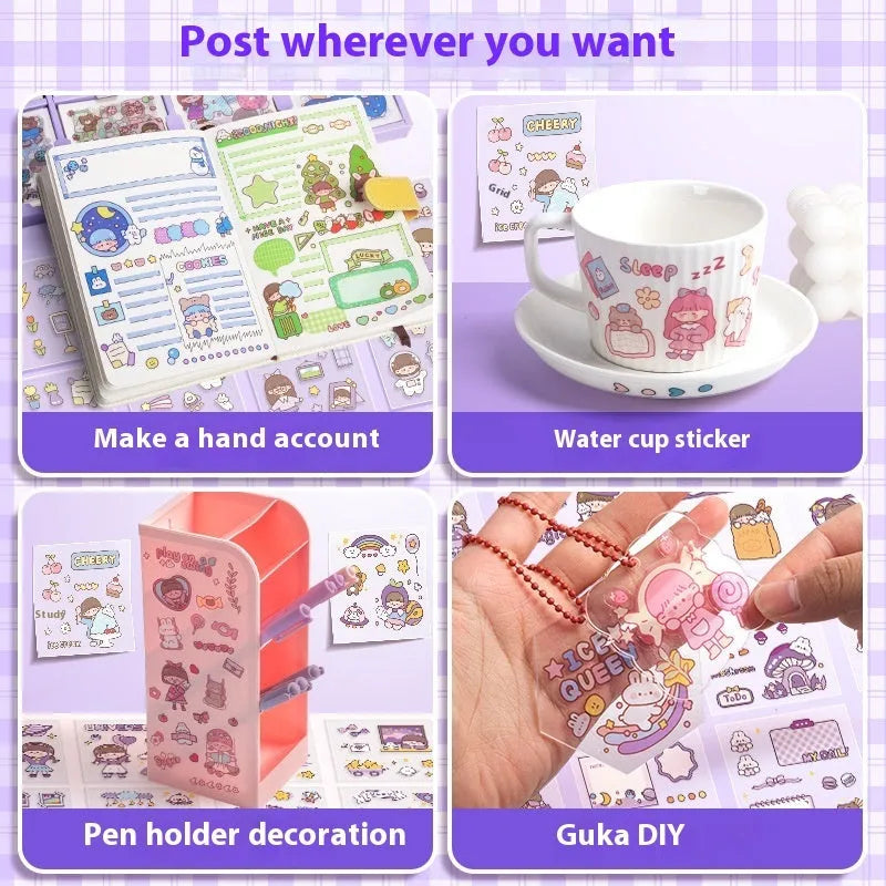 Box of children's stickers showing 5 design themes: meatball, peach tea, stars, and nini patterns