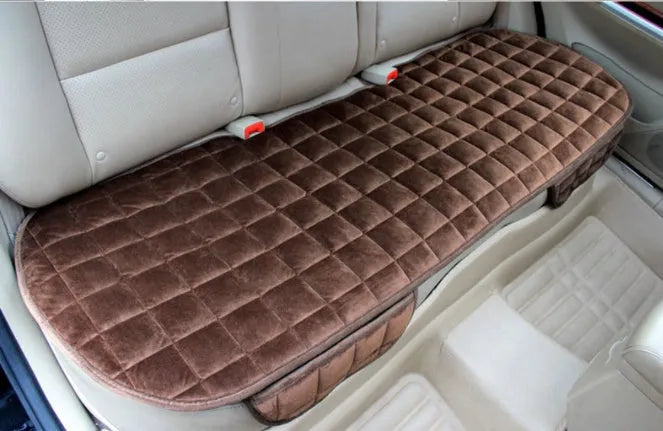 Checkered embroidered plush non-slip car seat cushion in beige with cotton fabric, three-piece set