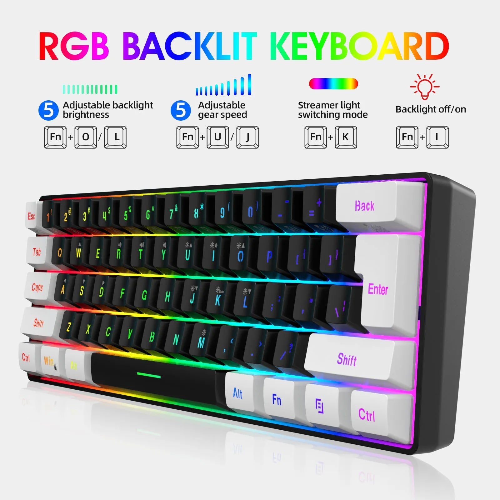 Compact 61-key wired membrane keyboard in white and black colour with 1.7 metre USB cable