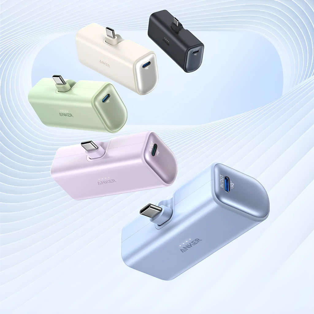 Compact capsule-shaped power bank with 5000mAh capacity measuring 77x36x25mm