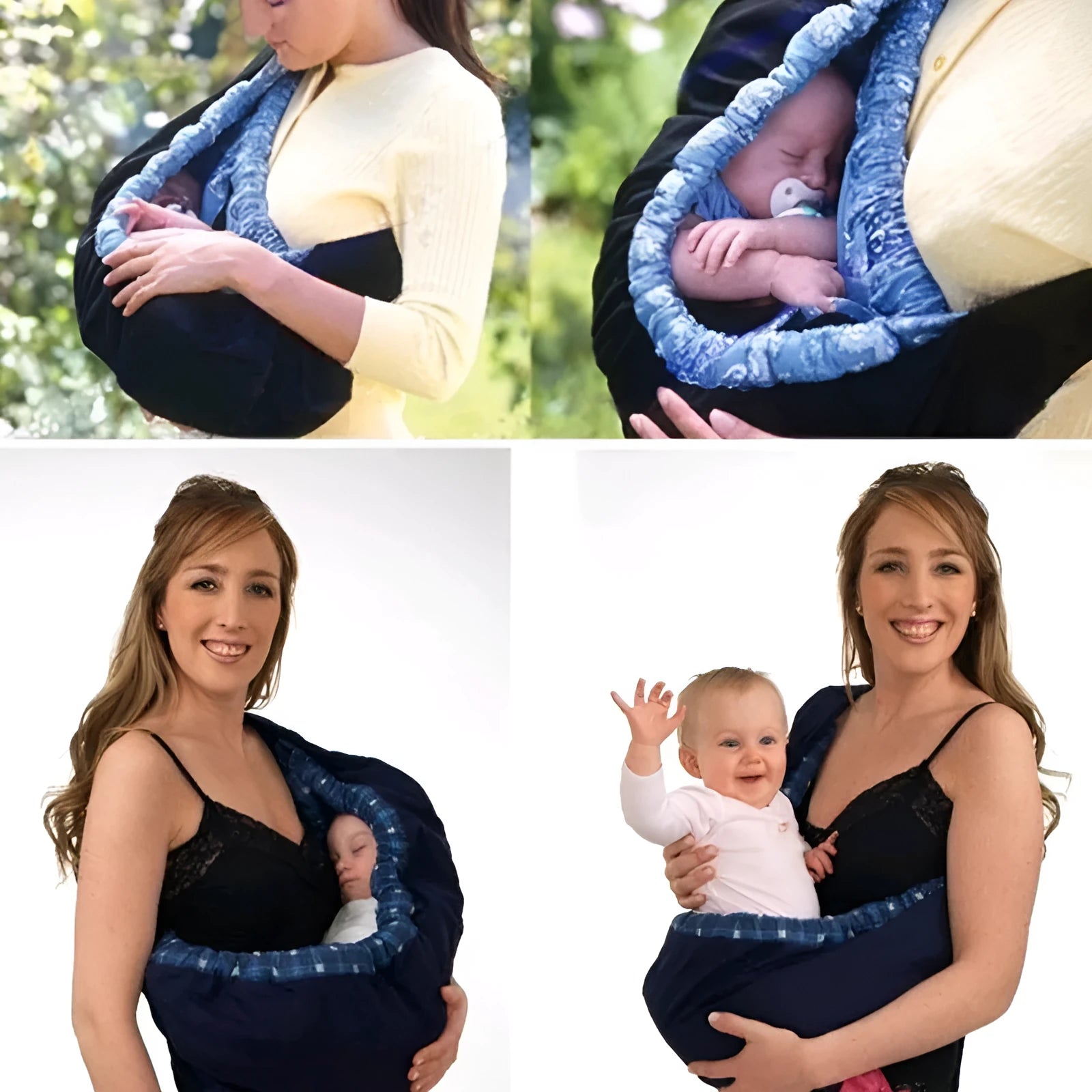 Newborn baby carrier one shoulder cross-arm TC cotton sling in blue plaid for 0-6 months
