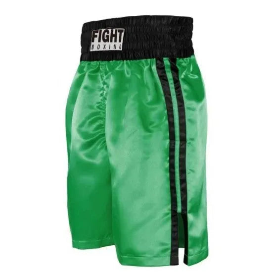 Black and white striped boxing shorts with elastic waistband and side slits for kickboxing training.