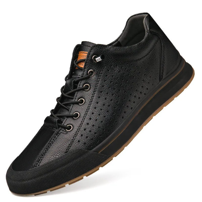 Men's matte leather casual shoes in white and black with 6CM flat heel and round toe design