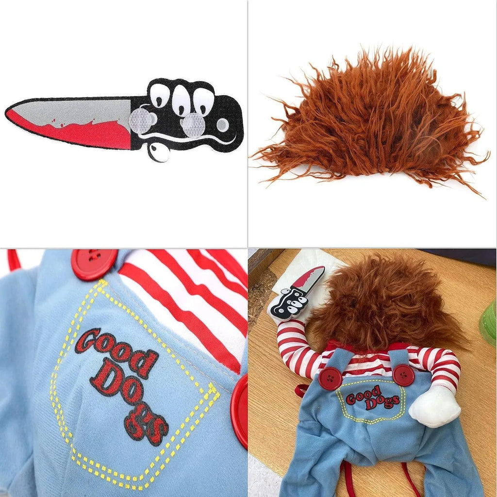 Striped Halloween costume harness pants for a dog or cat with matching accessory, shown with a sizing chart.